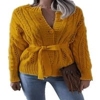 Ženski džemper s prednjim kopčanjem i remenom, jednobojni pleteni kardigan