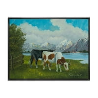 Dizajnerski crtež krave jedu travu ispred jezera Seoska kuća uokvirena na platnu, zidni umjetnički tisak