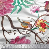 Zelena pamučna tkanina od vela s pticama, lišćem i cvjetnim tiskom širine dvorišta