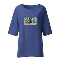 Ženski pamučni laneni vrhovi s okruglim vratom s dugim rukavima, košulje za izlazak, ljetna modna bluza s uskrsnim printom, Plava;