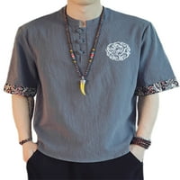 Muške majice od pamuka i lana s okruglim vratom, široki vezeni ljetni vrhovi, Plus veličina, jednobojna bluza na kopčanje