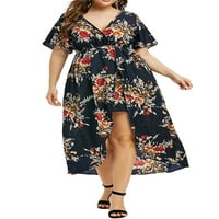 Plus Size Ženska boemska cvjetna ljetna haljina s izrezom u obliku slova u i kratkim rukavima nepravilnog oblika