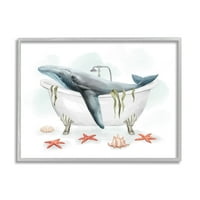 Stupell Home Décor Whale u nautičkoj kadi školjke morske pločice, 20, dizajnirao Ziwei Li, sivi okvir