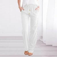 Ljetne hlače za žene ravne jednobojne s elastičnim strukom, vezicama, lanenim pamučnim ležernim dugim hlačama s džepovima