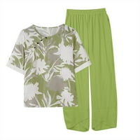 Ženske ljetne košulje s kratkim rukavima s okruglim vratom s cvjetnim printom, vrhovi + Ležerne hlače, dvodijelni set za slobodno