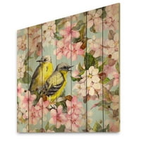 DesignArt 'Ptice na ružičastoj trešnjoj sakuri i jabučnim cvjetovima II' Tradicionalni tisak na prirodnom borovom drvetu